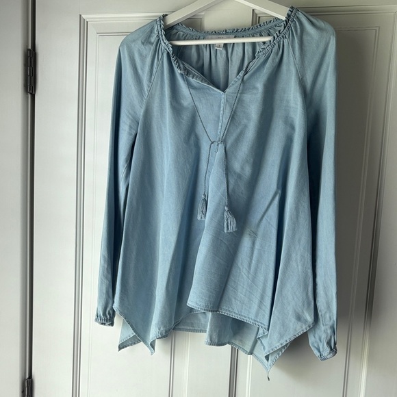 new directions Tops - New Directions Sky Blue Light Denim Blouse with Tassel small